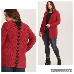 Torrid Red Chenille Cardigan Black Lace up back
